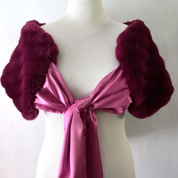 Sharon Deep Plum Dark Magenta Rose Satin Faux Fur Warp Shawl - Picture 10 of 15